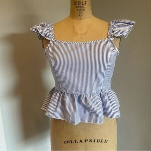 SHEIN- SZ M Blue White VCAY Striped Tie Backless Ruffle Trim Peplum Blouse